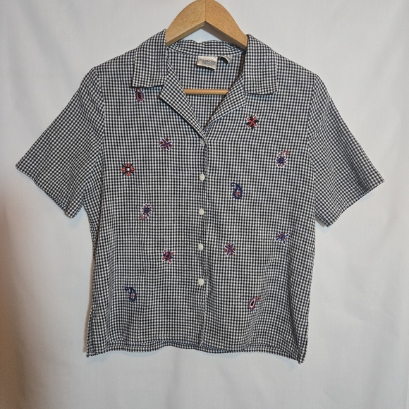 Vintage Allison Daley Gingham Embroidered Cotton Blend Collared Shirt Small - Picture 2 of 9
